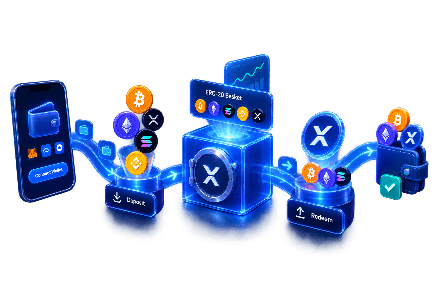 Connect your wallet, deposit the basket's assets into the vault, hold the ERC-20 basket token, and redeem it back at any time